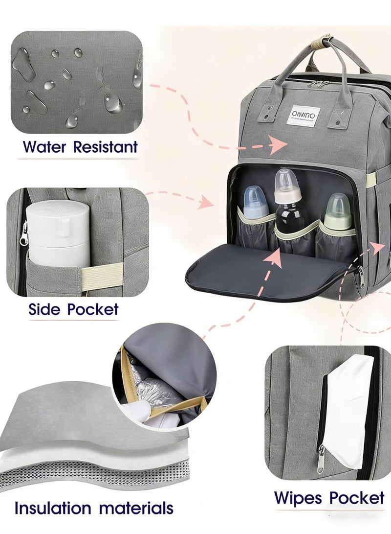 Hicomony Diaper Bag Backpack, Multifunctional Portable Baby Mom Bag with USB, Waterproof, Foldable Crib with Stroller Straps, Sunshade, Changing Pad, Travel Friendly - Image 3